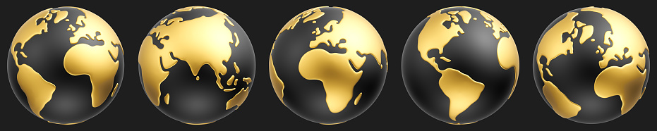Set of cartoon gold and black planet Earth in different views on dark background. Earth globe 3d icon set. 3d rendering