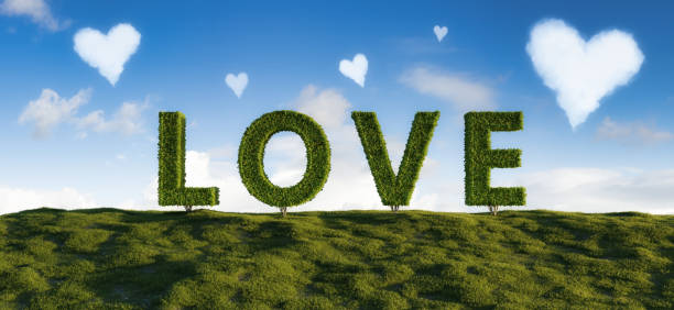 Love Word Shaped Trees. Green Grass and Cloudy Blue Sky. 3d Rendering. Sunny and Vibrant