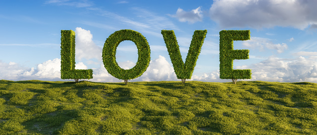 Love Word Shaped Trees. Green Grass and Cloudy Blue Sky. 3d Rendering. Sunny and Vibrant