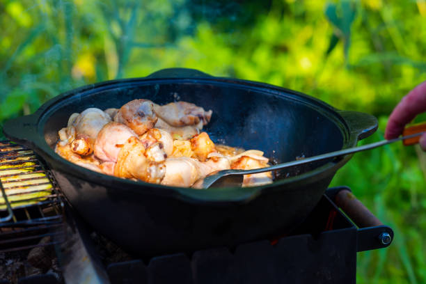 Fresh, juicy chicken legs are fried with onions in a cast-iron cauldron in vegetable oil. The chicken is thwarted with a scoop. Georgian chakhokhbili with chicken. Small depth of field. Food in nature las piernas de pollo frescas y jugosas se fríen con cebollas en un caldero de hierro fundido en aceite vegetal. el pollo se frustra con una cucharada. chakhokhbili georgiano con pollo. pequeña profundidad de campo. alimentos en la naturaleza
