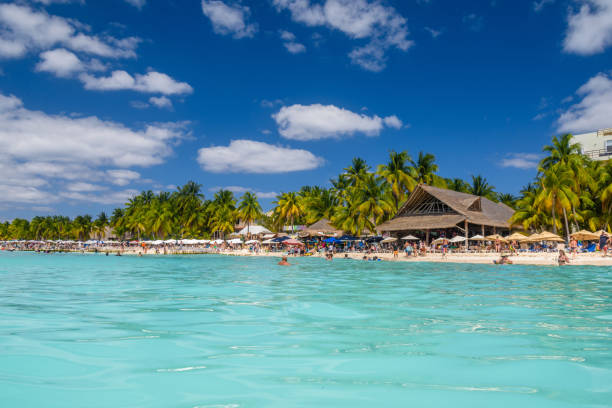 傘、バンガローバー、ココスヤシの木、ターコイズブルーのカリブ海、ムヘーレス島、カリブ海、カンクン、ユカタン、メキシコで白い砂浜で日光浴をする人々 - pleasant bay ストックフォトと画像