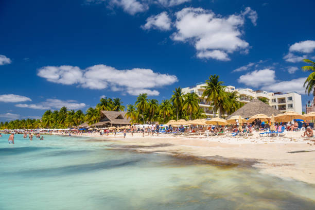 우산, 방갈로 바 및 코코스 야자수, 청록색 카리브해, 이슬라 무헤레스 섬, 카리브해, 칸쿤, 유카탄, 멕시코가있는 하얀 모래 해변에서 일광욕을하는 사람들 - isla mujeres mexico beach color image 뉴스 사진 이미지