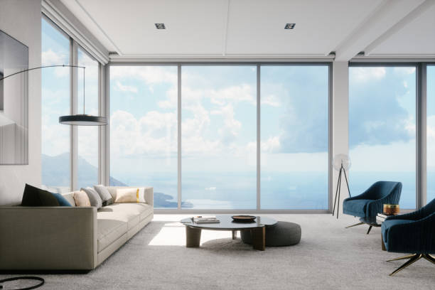 istock Modern Luxury Living Room With Panoramic Ocean View 1411489934