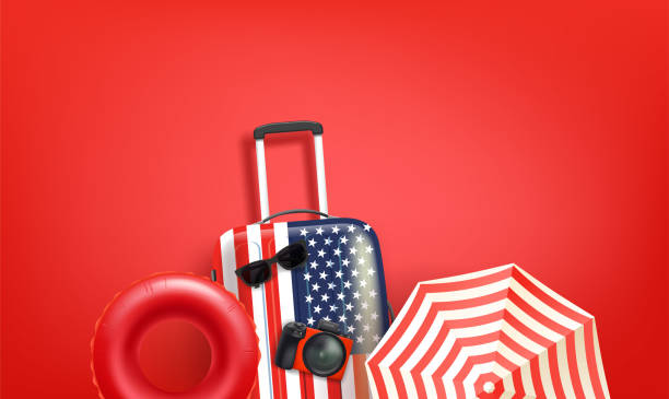 istock Travel banner with USA bag and travel accessories. 3d Vector banner with copy space 1411491331