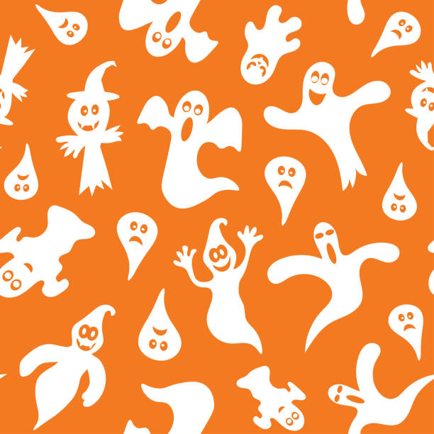 Halloween ghost seamless pattern background. Holidays cute ghost cartoon character vector illustration Halloween ghost seamless pattern background. Holidays cute ghost cartoon character vector illustration. cartoon devil with speech bubble stock illustrations
