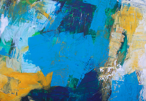 Abstract blue green and yellow acrylic background with textures on canvas. close up. My own work.