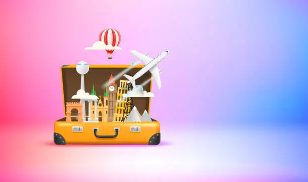 Vector illustration of Season travel concept with suitcase and famous world sights. Vector 3d banner