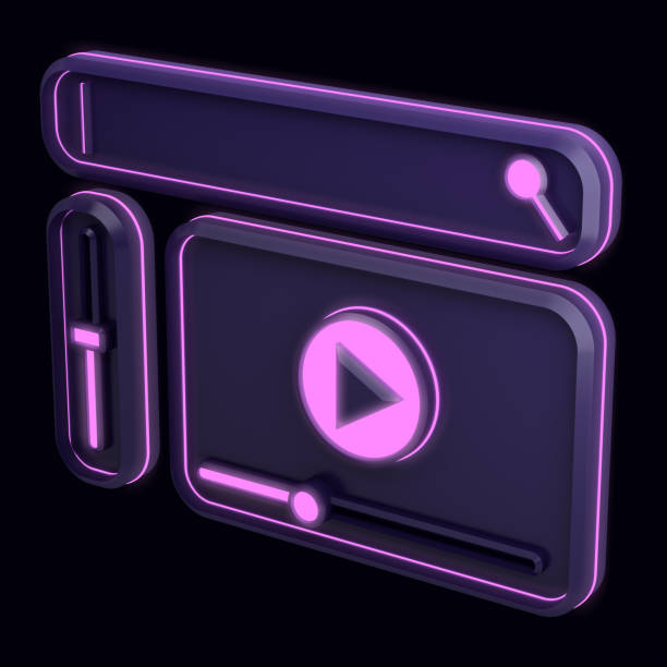 istock dark 3d video player icon with neon lines with search bar 1411492695
