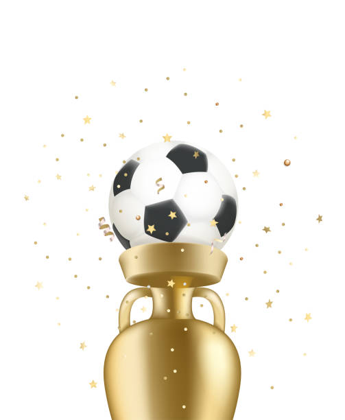 istock Champion shining trophy with golden confetti and soccer ball 1411492883
