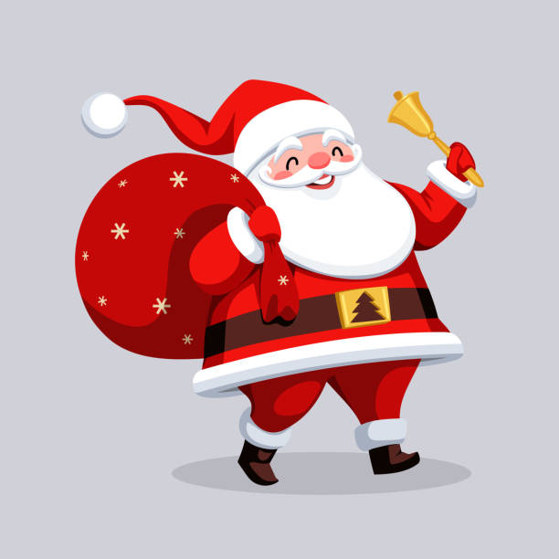 illustrazioni stock, clip art, cartoni animati e icone di tendenza di babbo natale felice con borsa rossa e campana in mano - holiday christmas backgrounds bell