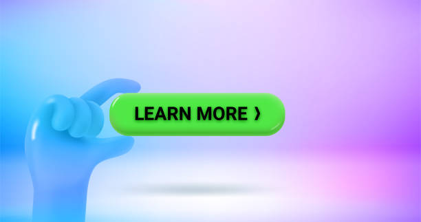 Learn more button in a hand. Vector 3d banner with copy space