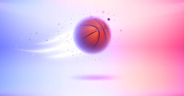 istock Neon glowing flying basketball ball. 3d vector banner with copy space 1411493750