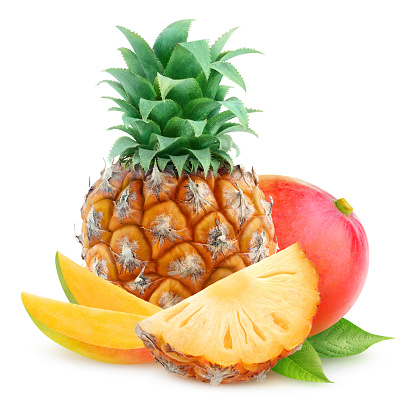 Cut pineapple and mango fruits isolated on white background