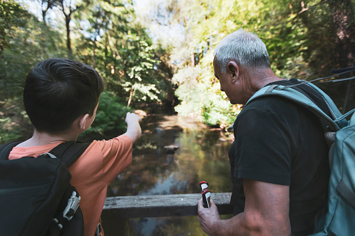 Happy grandfather and grandson hiking in nature. Walking on footbridge over beautiful river in forest. Disrupt aging. Experiential travel.