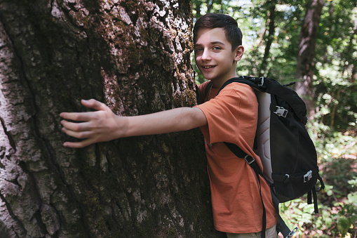 Happy boy hugging a huge old tree. Love nature. Environment.