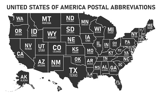 USA map with borders and abbreviations for US states. Black color states with white inscriptions. Flat style vector illustration isolated on white background