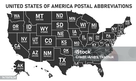 istock USA map with borders and abbreviations for US states. Black color states with white inscriptions. Flat style vector illustration isolated on white background. 1411501639