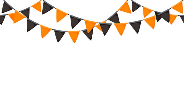 ilustrações, clipart, desenhos animados e ícones de bunting de halloween. guirlanda de bandeira preta e laranja. cadeia de pennants triângulo. decoração de festa. bandeiras de comemoração para decoração. rodapé vetorial e fundo de bandeira - pennant flag party streamer