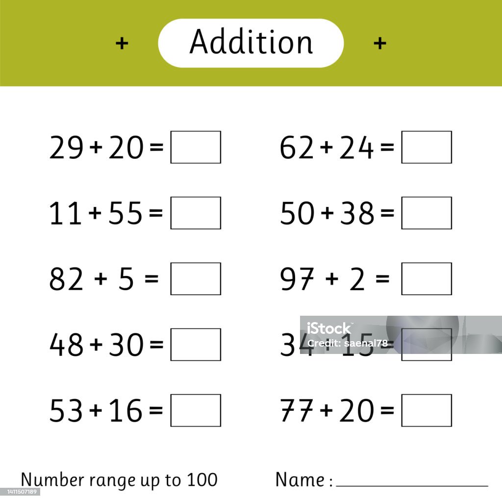 Range Add Math Addition Number Range Up To 100 Math Worksheet For Kids Solve Examples ...