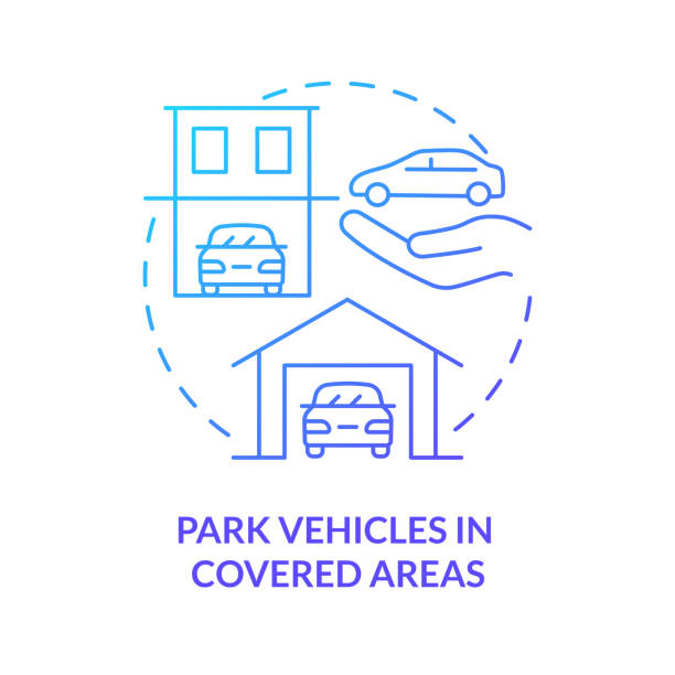 Park vehicles in covered areas blue gradient concept icon Park vehicles in covered areas blue gradient concept icon. Hailstorm safety abstract idea thin line illustration. Parking arrangement. Isolated outline drawing. Myriad Pro-Bold font used car hailstorm stock illustrations