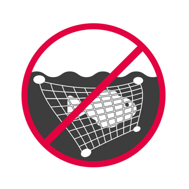 ikona nie łowić z sieciami. nie łowić ryb. czerwony znak zakazu - no fishing stock illustrations
