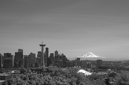 The Seattle Skyline with Mount Ranier in the background. Classic Seattle Shot of downtown skyline with the space needle from Queen Anne Hill. Mount rainier is in the background.Other Seattle photos are here: