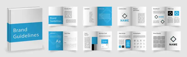 Vector illustration of Light Blue Brand Guidelines template. Brand Manual presentation in A4 size. Logo Guideline mockup. Logo Guide Book layout