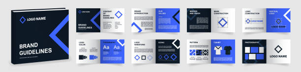 ilustrații de stoc cu șablon reguli de marcă. șablon de orientare siglă albastru închis. machetă de prezentare multi-purpose brand manual. aspect carte ghid logo-ul - ghid