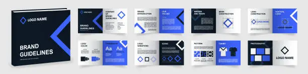 Vector illustration of Brand Guidelines template. Dark blue Logo Guideline template. Multi-purpose Brand Manual presentation mockup. Logo Guide Book layout