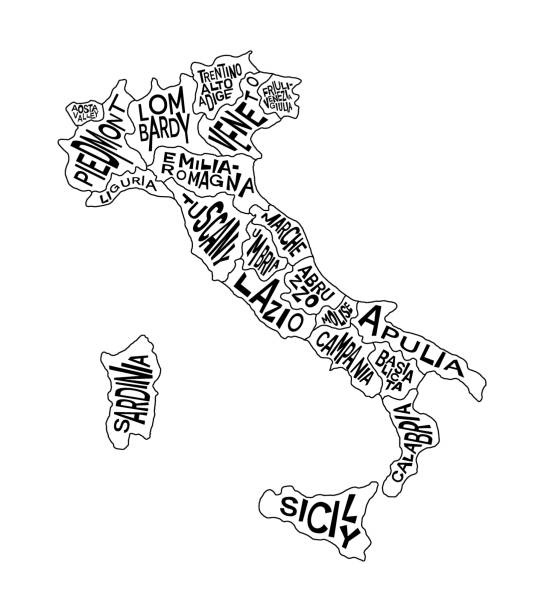 행정 지방 이름을 가진 이탈리아 정치지도 - 캄파니아, 에밀리아-로마냐, 프리울리-베네치아 줄리아, 라치오 등. 이탈리아 인포그래픽 지도 - florence province stock illustrations