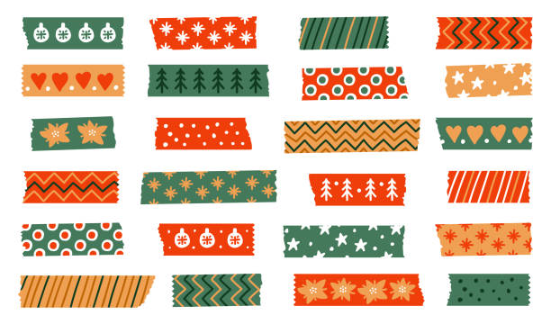 Christmas Washi tapes. Vector set of winter colored scotch lines Christmas Washi tapes. Vector set with winter elements. Masking tape or adhesive strips for frames, scrapbooking, borders, web graphics, crafts, stickers. Vector set of colored scotch lines adhesive tape stock illustrations