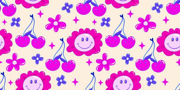 ilustraciones, imágenes clip art, dibujos animados e iconos de stock de trippy estética psicodélica y2k patrón sin costuras. trippy sonrisa retro pop divertido personaje de dibujos animados. smiley cara feliz. estampado psicodélico. flor de margarita, cereza y estrella - over 90