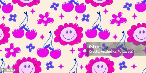 Trippy Psychedelic Aesthetic Y2k Seamless Pattern Trippy Smile Retro Pop  Funny Cartoon Character Smiley Happy Face Psychedelic Print Daisy Flower  Cherry And Star Stock Illustration - Download Image Now - iStock