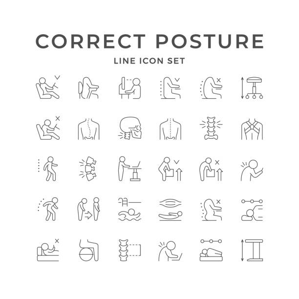 ilustraciones, imágenes clip art, dibujos animados e iconos de stock de establecer iconos de línea de postura correcta - dolor de espalda