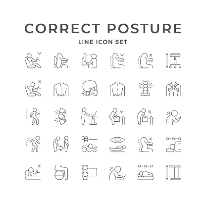 Set line icons of correct posture isolated on white. Driving position, spine, scoliosis, proper walking, mattress, back pain, chair armrest, orthopedic treatment. Vector illustration