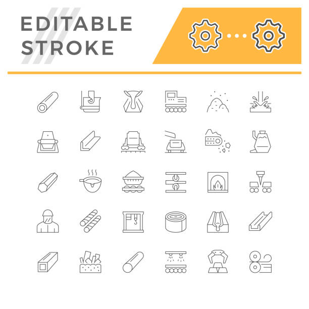 Set line icons of metallurgy Set line icons of metallurgy isolated on white. Industry equipment, metal product, employee or worker, conveyor, gantry crane, metallurgical factory. Editable stroke. Vector illustration scrap metal stock illustrations