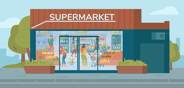Supermarket building exterior with people shopping, flat vector illustration. Entrance to supermarket store with glass showcases and buyers inside.