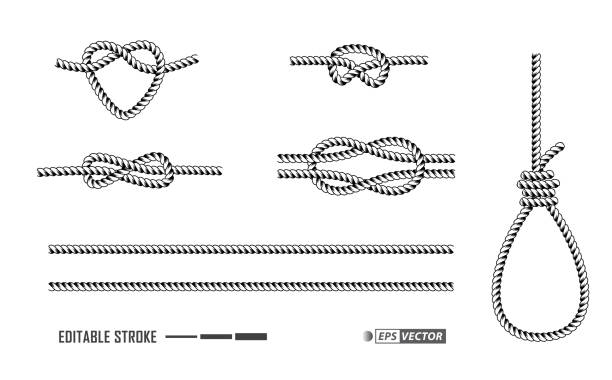 고립 된 로프 프레임 또는 해상 로프 빈티지 템플릿 또는 하트 로프 텍스처 프레임 세트. eps 벡터 - rope circle lasso twisted stock illustrations