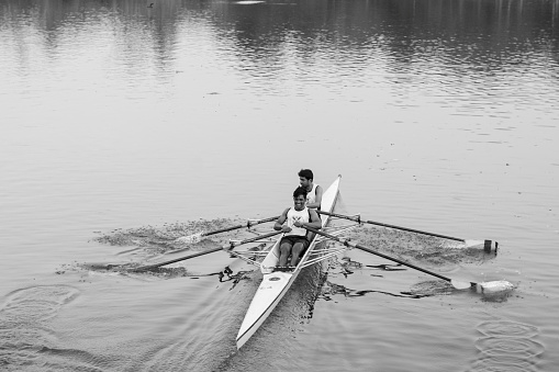 12th March, 2022, Kolkata, west Bengal, India:: Two athletes practicing rowing sports at Rabindra Sarobar lake Kolkata.