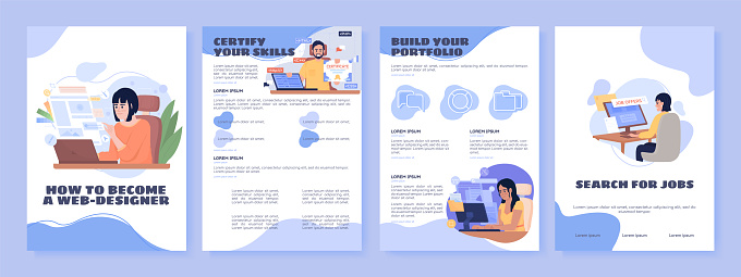 Become web designer flat vector brochure template. Booklet, leaflet printable flat color designs. Editable magazine page, reports kit with text space. Sigmar One, Balsamiq Sans, Comfortaa fonts used