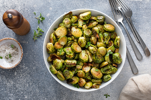 Crispy roasted brussel sprouts with balsamic vinegar, traditional side dish