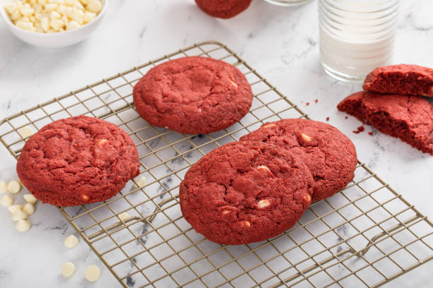 istock Red velvet cookies with white chocolate chips with milk 1411524553