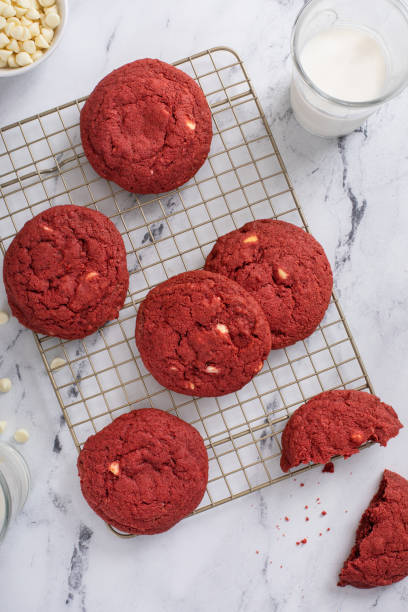 istock Red velvet cookies with white chocolate chips with milk 1411524554