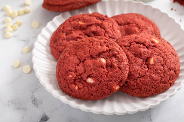 istock Red velvet cookies with white chocolate chips with milk 1411524556