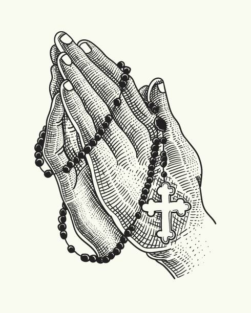 ilustraciones, imágenes clip art, dibujos animados e iconos de stock de manos rezando con un collar de rosario - rosario