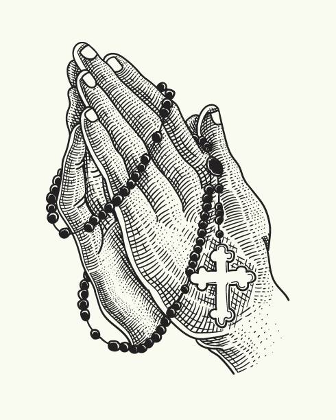 молитвенные руки с ожерельем из розария - church symbol rosary beads christianity stock illustrations