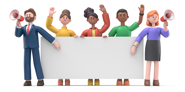 3D illustration of cartoon characters stand holding together white blank banner, waving hands. 3D rendering on white background.