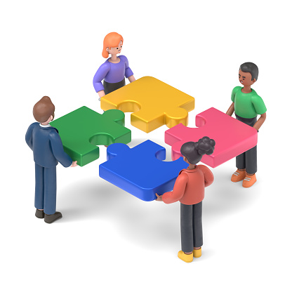 3D illustration of people team assemble four color piece of a puzzle.3D rendering on white background.