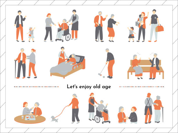 набор иллюстраций пожилых людей - community outreach aging process human age retirement stock illustrations