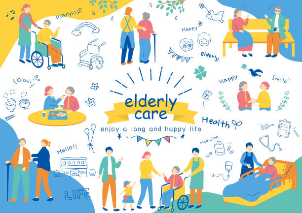 ilustrações de stock, clip art, desenhos animados e ícones de set illustration of elderly people - social worker illustrations